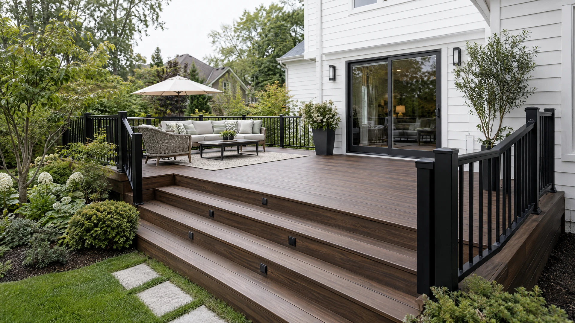 Illustrative composite deck with finished stairs and railing
