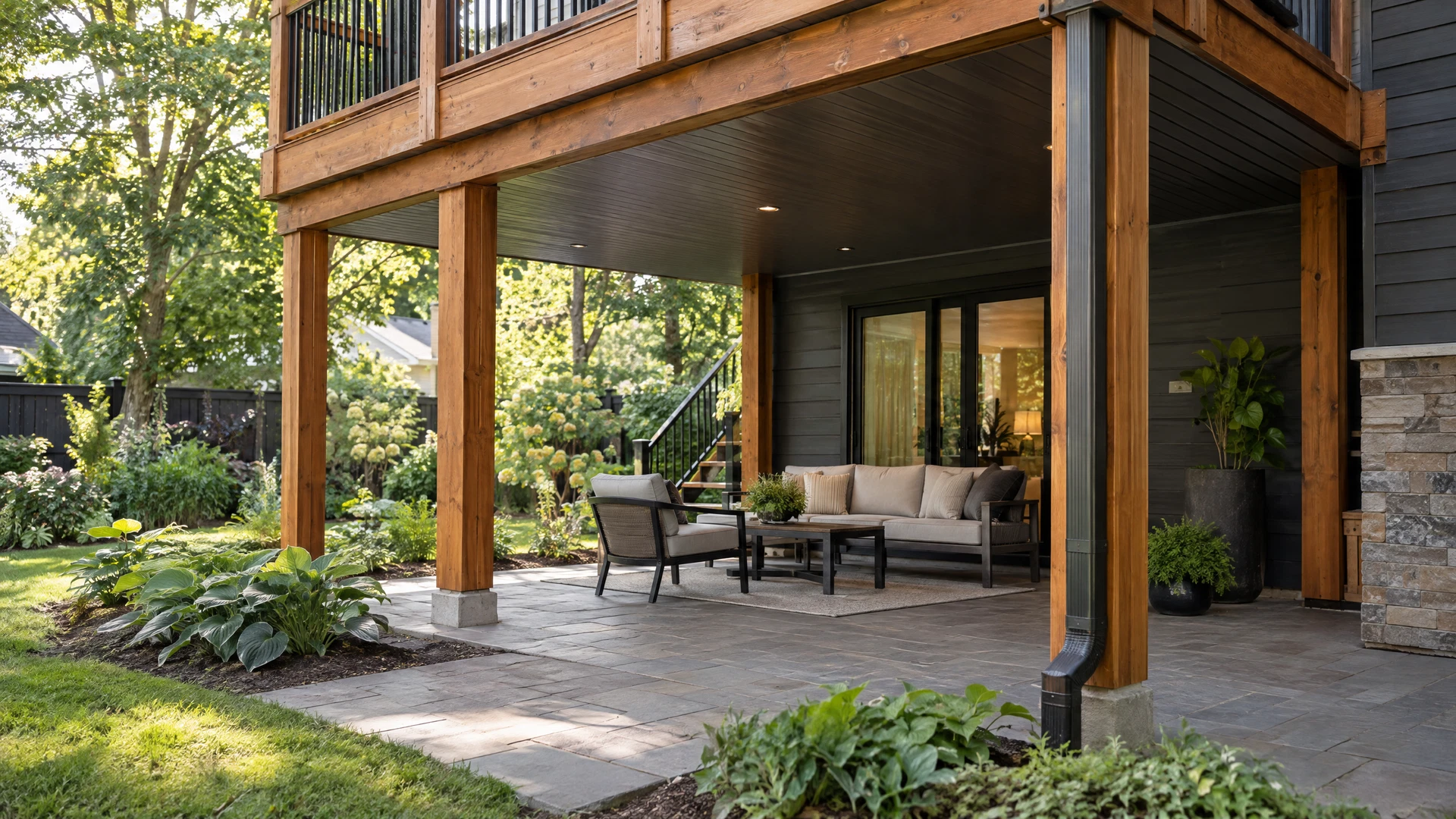 Illustrative sheltered patio beneath a raised deck