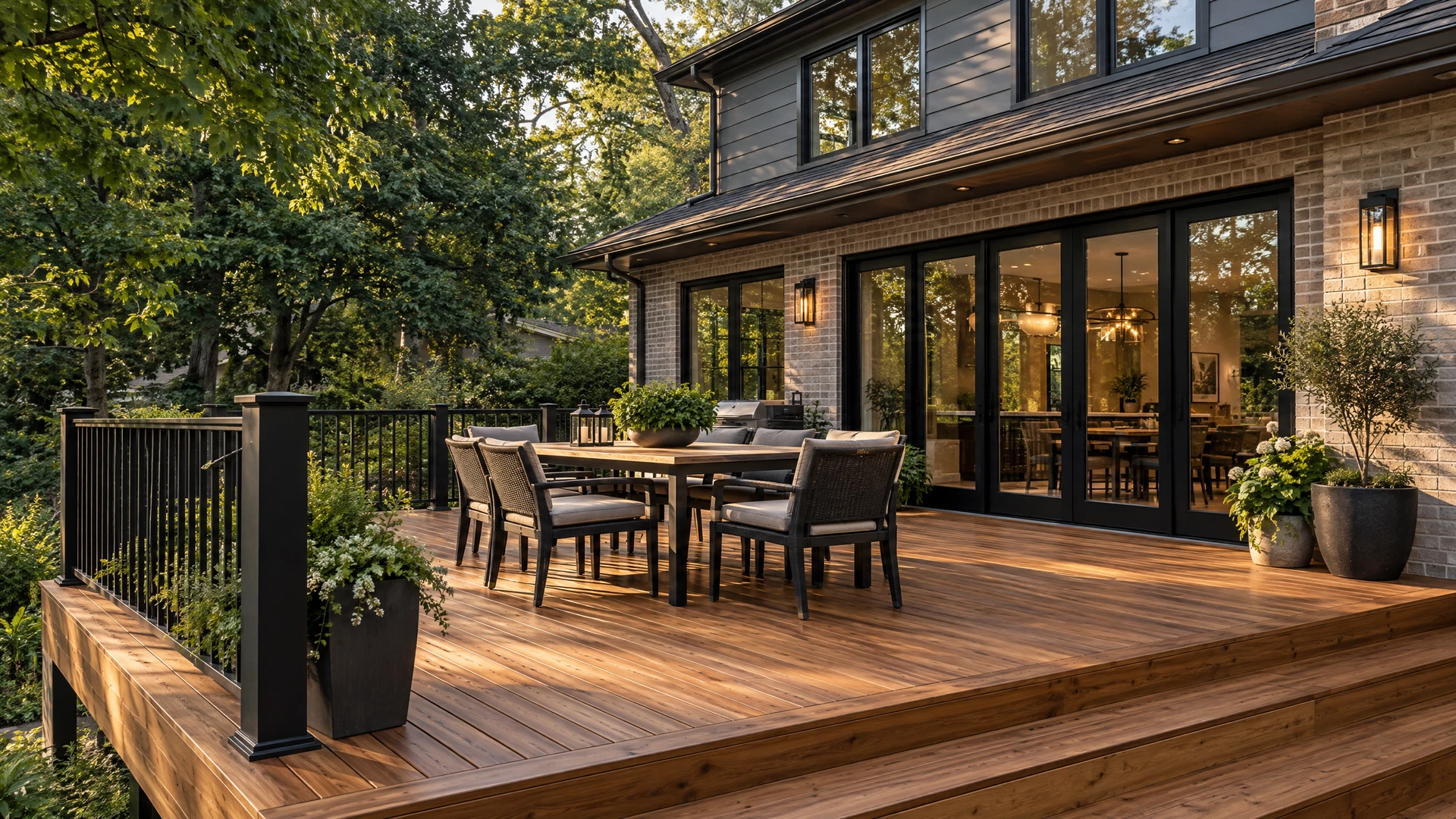 Illustrative view of a cedar backyard deck beside a contemporary home
